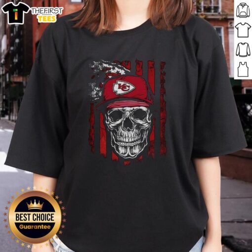 Premium Kansas City Chiefs NFL Skull American Flag Tee for football lovers, perfect for ladies showing team spirit.