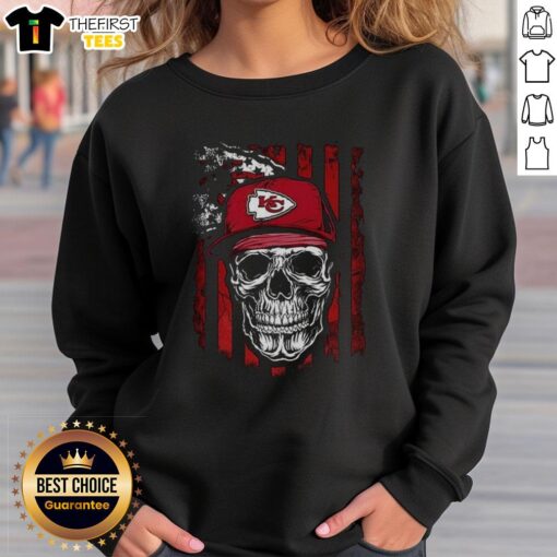 Premium Kansas City Chiefs NFL sweatshirt featuring a skull design with American flag for football lovers.