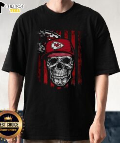 Alt Text: Premium Kansas City Chiefs NFL Skull American Flag T-Shirt for football lovers, showcasing team spirit and style.