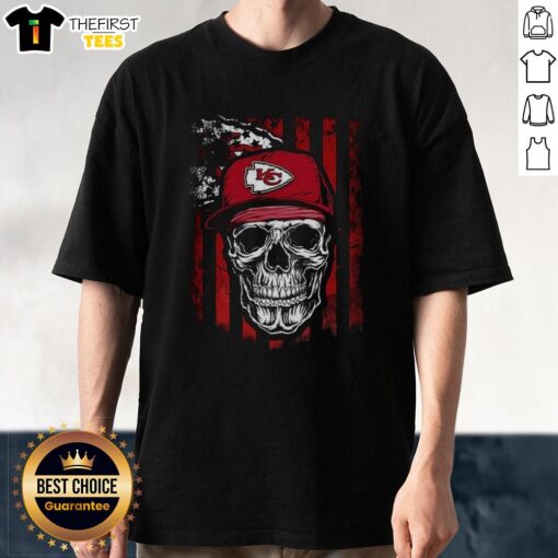 Alt Text: Premium Kansas City Chiefs NFL Skull American Flag T-Shirt for football lovers, showcasing team spirit and style.