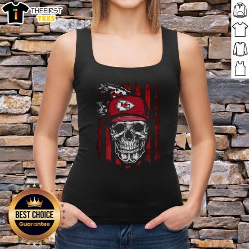 Premium Kansas City Chiefs NFL tank top featuring a skull design and American flag, perfect for football lovers.