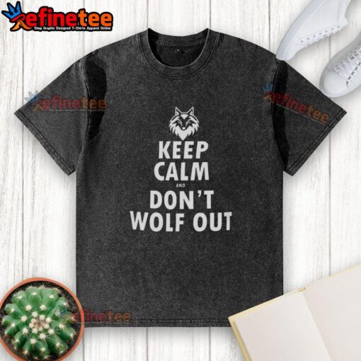 Alt Text: Premium Keep Calm and Don't Wolf Out washed t-shirt featuring a stylish design, perfect for casual wear and wolf lovers.