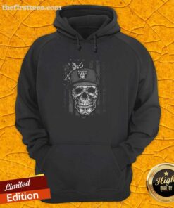 Premium Las Vegas Raiders NFL hoodie featuring a skull design and American flag, perfect for football lovers.