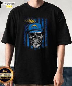Premium Los Angeles Chargers NFL Skull American Flag T-Shirt for football lovers, showcasing team spirit and style.