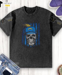 Alt Text: Premium Los Angeles Chargers NFL skull t-shirt featuring an American flag design, perfect for football lovers.