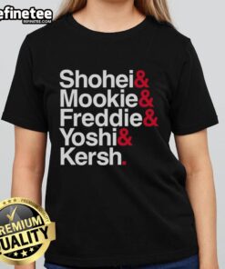 Premium Los Angeles Dodgers baseball tee featuring Shohei, Mookie, Freddie, Yoshi, and Kershaw for women.