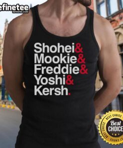 Premium Los Angeles Dodgers baseball tank top featuring Shohei, Mookie, Freddie, Yoshi, and Kershaw with stars design.