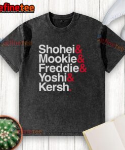 Premium Los Angeles Dodgers baseball washed t-shirt featuring Shohei, Mookie, Freddie, Yoshi, and Kershaw stars design.