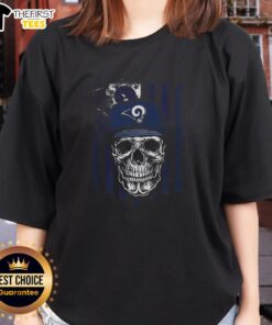 Premium Los Angeles Rams NFL skull graphic tee with American flag design for football lovers, perfect for ladies.