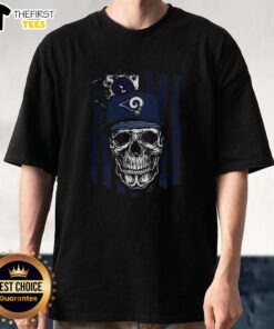 Premium Los Angeles Rams NFL skull t-shirt featuring American flag design for passionate football lovers.