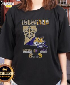 Alt Text: Premium Louisiana Saints Saturdays on LSU Sundays map ladies tee featuring team colors and graphic design.