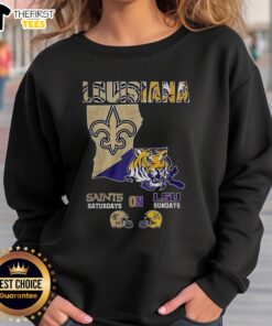 Premium Louisiana Saints Saturdays on LSU Sundays map sweatshirt featuring team logos and vibrant graphics.