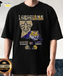 Premium Louisiana Saints Saturdays On LSU Sundays map t-shirt featuring vibrant graphics and comfortable fit for fans.