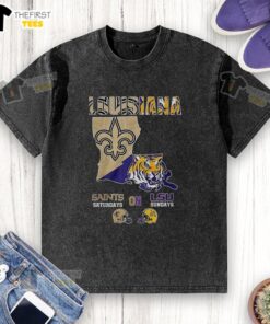 Premium Louisiana Saints Saturdays on LSU Sundays map washed t-shirt showcasing team spirit and style.