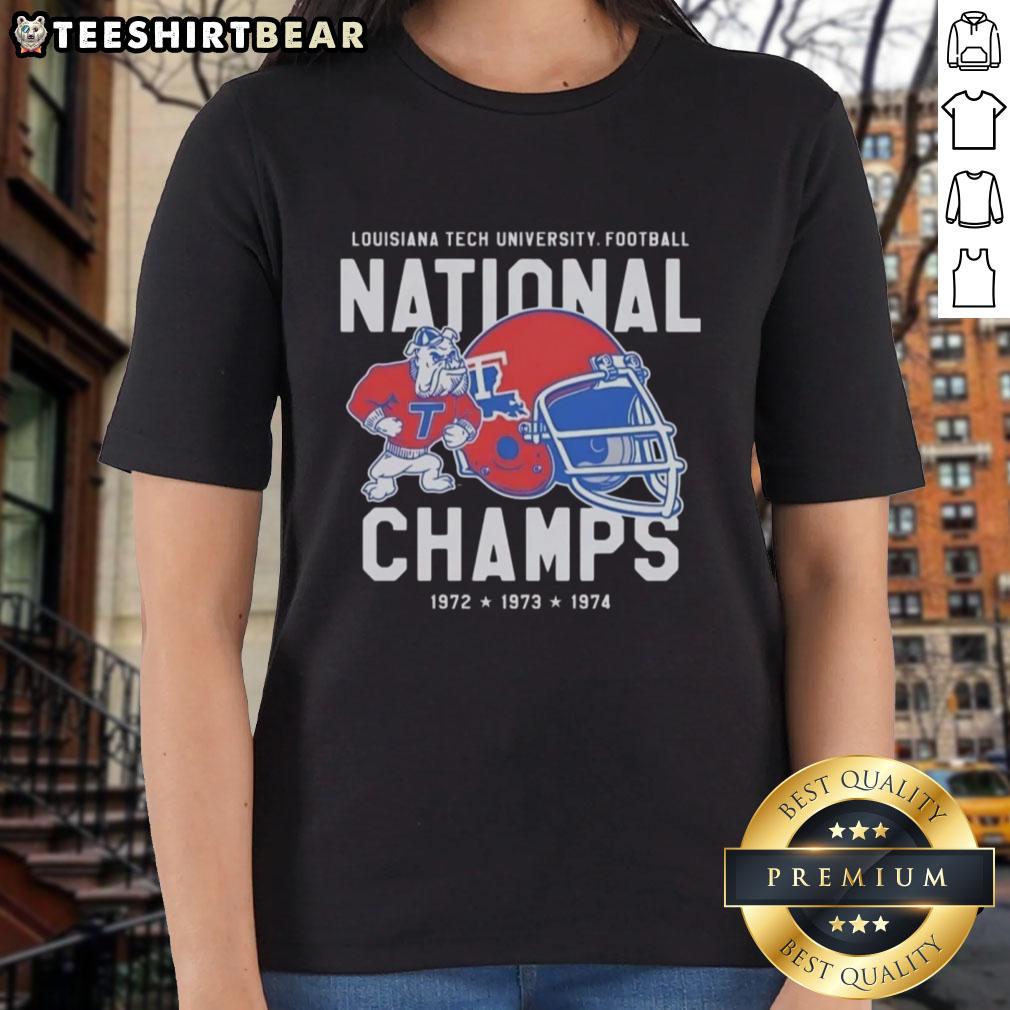 Premium Louisiana Tech Bulldogs Football National Champs 1974 Vintage Ladies-Tee Alt Text: Vintage 1974 Premium Louisiana Tech Bulldogs Football National Champs ladies tee showcasing school pride.
