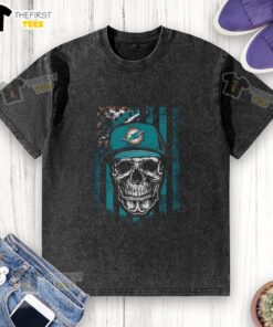 Alt Text: Premium Miami Dolphins NFL Skull American Flag T-Shirt for football lovers, showcasing a stylish washed design.