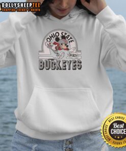 Alt Text: Premium Mickey Mouse Disney x Ohio State Buckeyes football logo hoodie featuring a unique design blend.