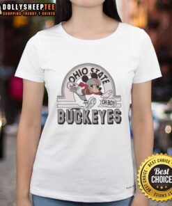Premium Mickey Mouse Disney x Ohio State Buckeyes football logo ladies tee, stylish and perfect for fans.