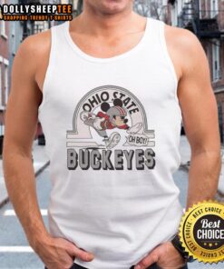 Alt Text: Premium Mickey Mouse Disney x Ohio State Buckeyes football logo tank top featuring vibrant graphics and a stylish design.