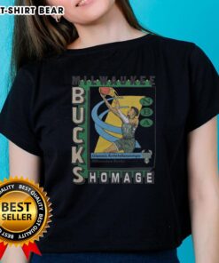 Premium Milwaukee Bucks trading card featuring Giannis Antetokounmpo on a stylish ladies tee shirt.