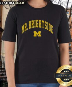 Premium Mr. Brightside Michigan Wolverines Football ladies tee in navy blue, perfect for game day and team spirit.