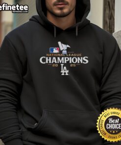 Alt Text: Premium National League Champions 2025 Los Angeles Dodgers logo hoodie displayed on a wooden background.