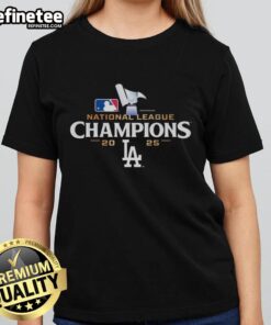 Premium National League Champions 2025 Los Angeles Dodgers logo on a stylish ladies tee shirt.