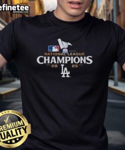 Alt Text: Premium National League Champions 2025 Los Angeles Dodgers logo t-shirt showcasing team pride and championship spirit.