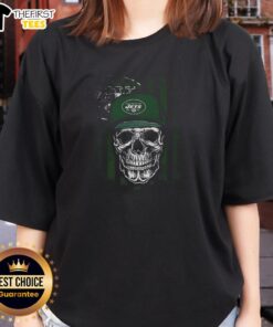 Alt Text: Premium New York Jets NFL skull graphic tee with American flag design, perfect for football-loving ladies.
