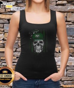 Alt Text: Premium New York Jets NFL skull tank top featuring an American flag design for football lovers.