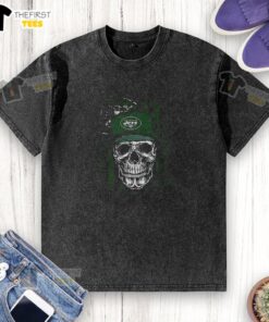 Alt Text: Premium New York Jets NFL Skull American Flag Football Lover Washed T-Shirt, perfect for fans and casual wear.