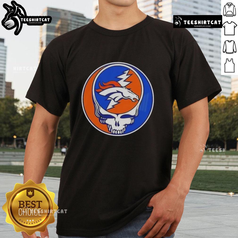Premium Nfl Denver Broncos Grateful Dead Stealie T Shirt Alt Text: Premium NFL Denver Broncos Grateful Dead Stealie T-Shirt featuring iconic Steal Your Face design and team colors.