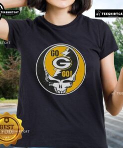 Alt Text: Premium NFL Green Bay Packers Grateful Dead Stealie Ladies Tee featuring vibrant graphics and a stylish fit.