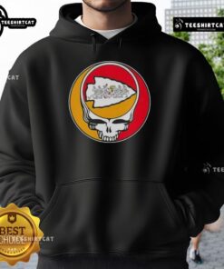 Alt Text: Premium NFL Kansas City Chiefs Grateful Dead Stealie Hoodie featuring vibrant graphics and a comfortable fit.