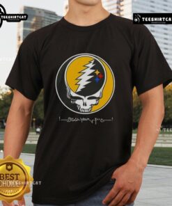 Premium NFL Pittsburgh Steelers Grateful Dead Stealie T-Shirt featuring iconic Stealie design and team colors.