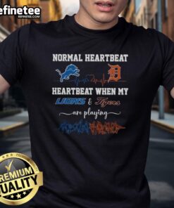 Premium Normal Heartbeat vs. Heartbeat During Detroit Lions and Tigers Games T-Shirt design for sports fans.