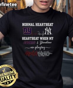 Premium T-shirt showing normal heartbeat vs. heartbeat during New York Giants and Yankees games, perfect for sports fans.