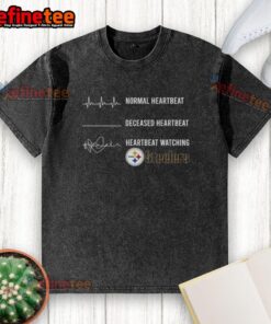 Premium Pittsburgh Steelers washed t-shirt featuring normal and deceased heartbeat graphics for fans.