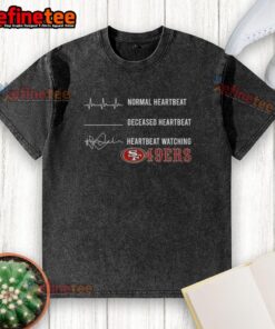 Alt Text: Premium San Francisco 49ers washed t-shirt featuring normal and deceased heartbeat graphic design.