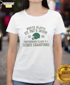 Premium North Platte St. Pats Irish defending Class C-1 State Champions ladies tee with vibrant team colors and logo.