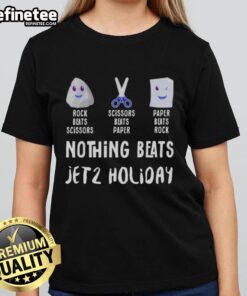 Alt Text: Premium Nothing Beats Jet 2 holiday tee for ladies featuring rock, paper, scissors design in vibrant colors.