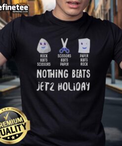 Premium Jet 2 Holiday T-Shirt featuring 'Rock Beats Scissors, Scissors Beats Paper, Paper Beats Rock' design.