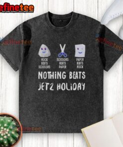 Premium Nothing Beats Jet 2 Holiday t-shirt featuring the classic Rock, Paper, Scissors game design.