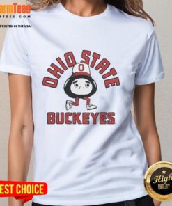 Alt Text: Premium Ohio State Buckeyes Brutus mascot ladies tee showcasing vibrant design for loyal fans.
