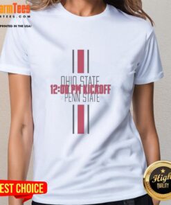 Premium Ohio State Buckeyes vs Penn State Nittany Lions 2025 ladies tee showcasing team logos and vibrant colors.