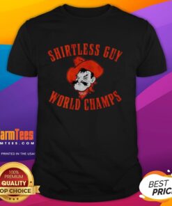 Shirtless guy wearing a Premium Oklahoma State Cowboys World Champs T-Shirt, showcasing team spirit and athletic style.