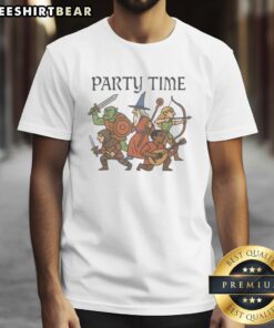 Premium Party Time Adventurers Wizard T-Shirt featuring a vibrant wizard graphic, perfect for fantasy fans and partygoers.