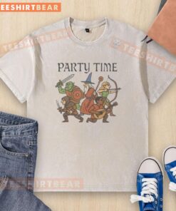 Premium Party Time Adventurers Wizard Washed T-Shirt featuring a colorful wizard graphic, perfect for fantasy-themed events.
