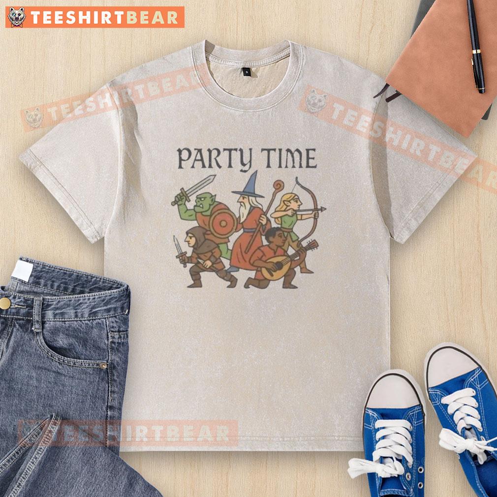 Premium Party Time Adventurers Wizard Washed T Shirt Premium Party Time Adventurers Wizard Washed T-Shirt featuring a colorful wizard graphic, perfect for fantasy-themed events.