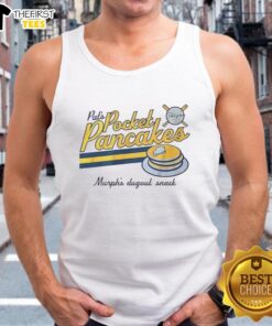 Premium Pats Pocket Pancakes Murph's Dugout snack signature tank top displayed on a wooden background, showcasing vibrant design.